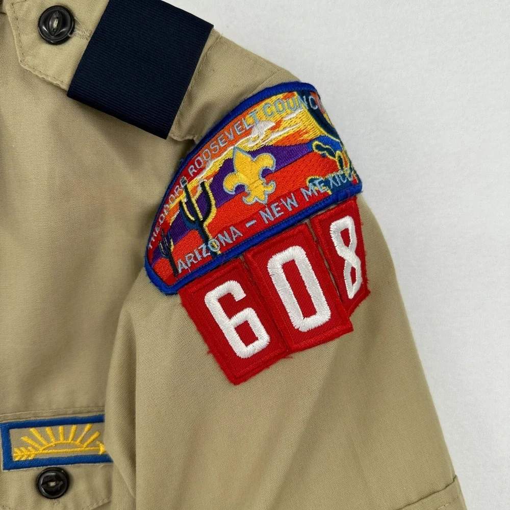 Vintage Boy Scout Of America Shirt Youth Large Tan Button Up Uniform Patches USA