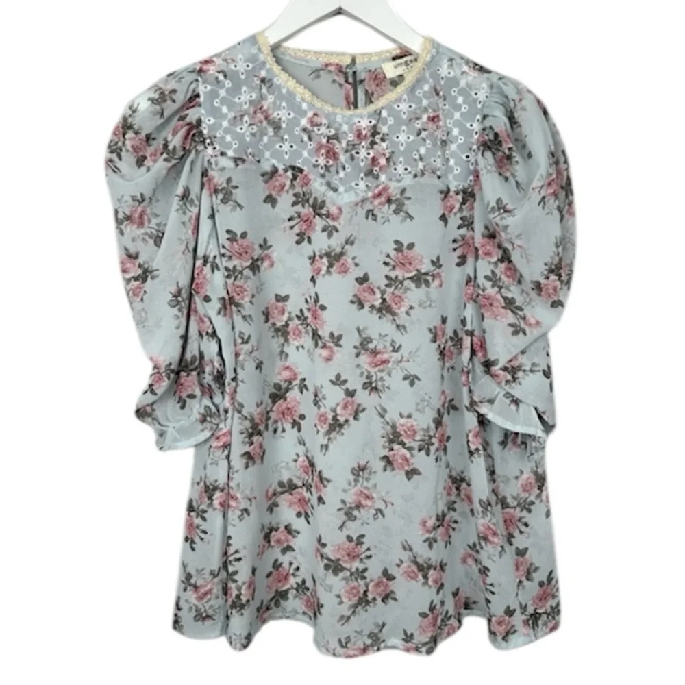 Umgee Floral Sheer Lace Puff Sleeve Top Blouse Medium