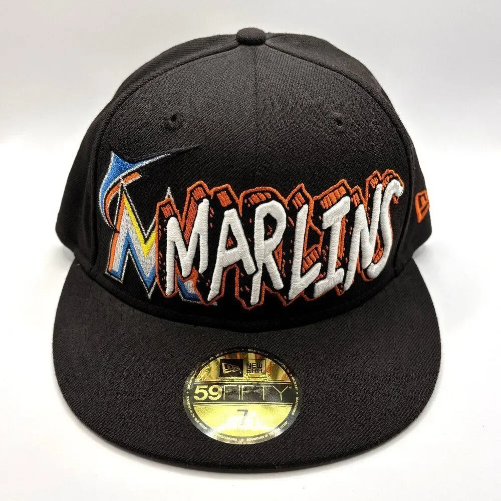 Florida Marlins MLB New Era 59Fifty On-field Fitted Hat Size 7 - Black Graffiti