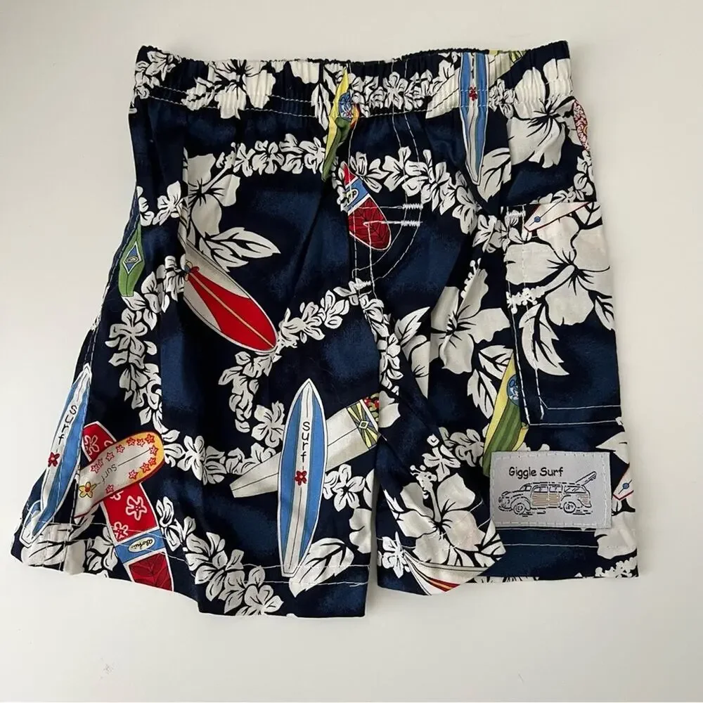 Giggle Surf navy blue Hawaiian floral surfboard print cotton shorts