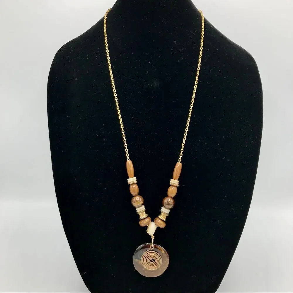 Long Necklace Gold Tone Brown Round Metal Swirl Pendant Beaded Bohemian