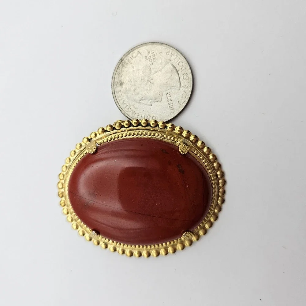 Vintage Orange Stone Oval Brooch Pendant Gold Tone Beaded Frame Victorian Style