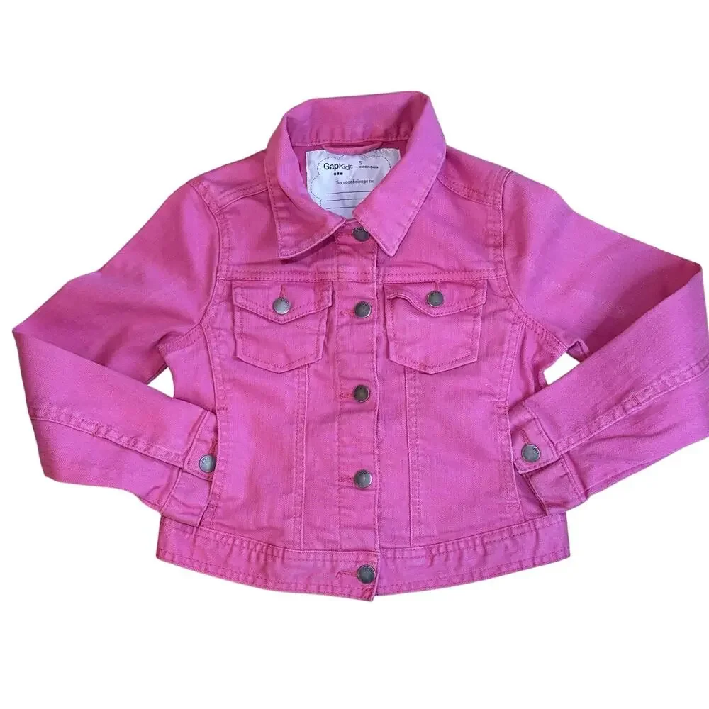 Gap Kids Girl's Pink Denim Jacket, Long Sleeves Snap Buttons Pockets Sz 5 Cute!