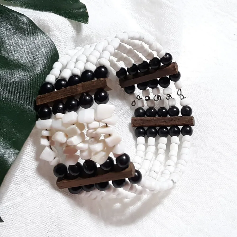Large Stretch Cuff Bracelet Beach Ocean Tropical Vacation White Brown Black Bead
