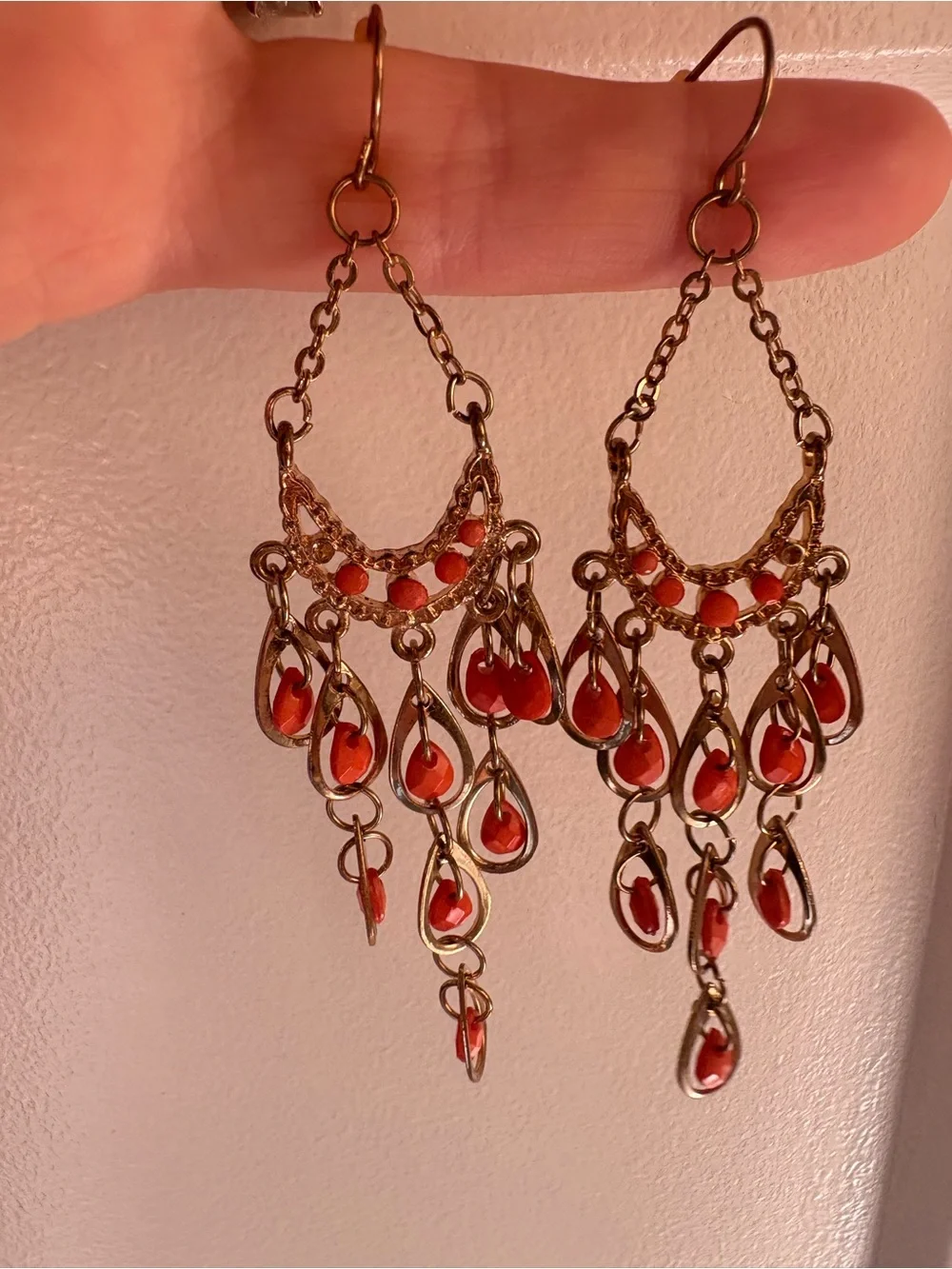 Gold-Tone Red Teardrop Chandelier Earrings