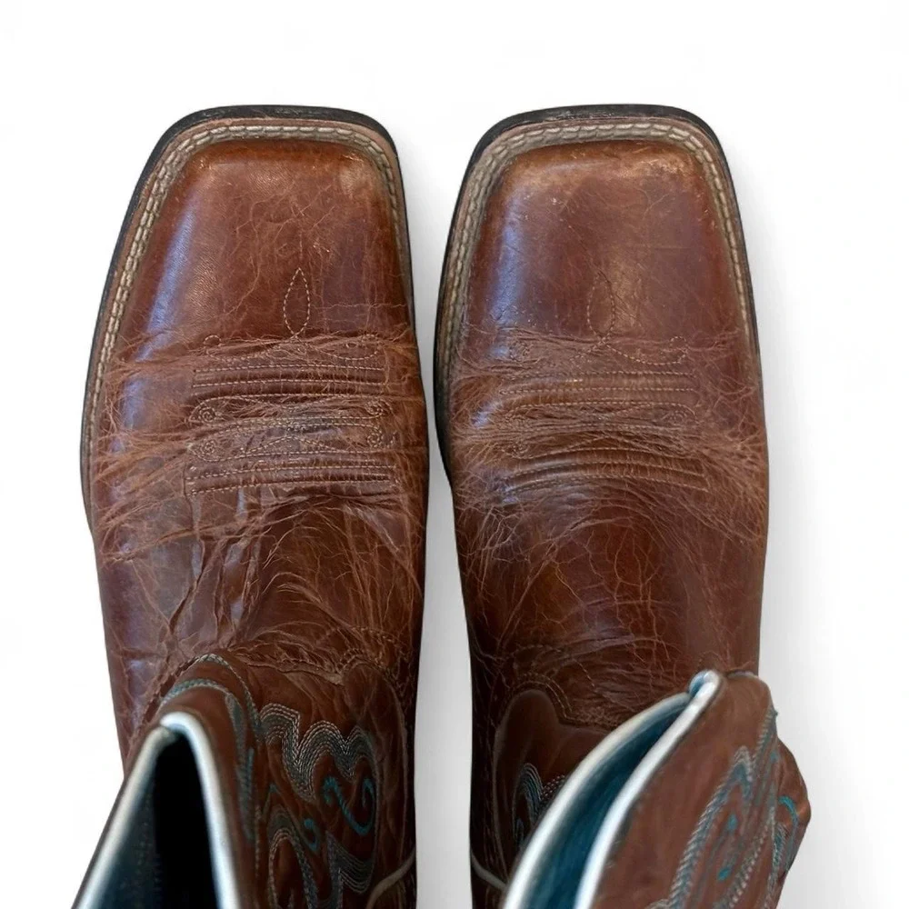 Ariat Blue Embroidered Brown Quickdraw Boots Women's Size 9B Square Toe Western