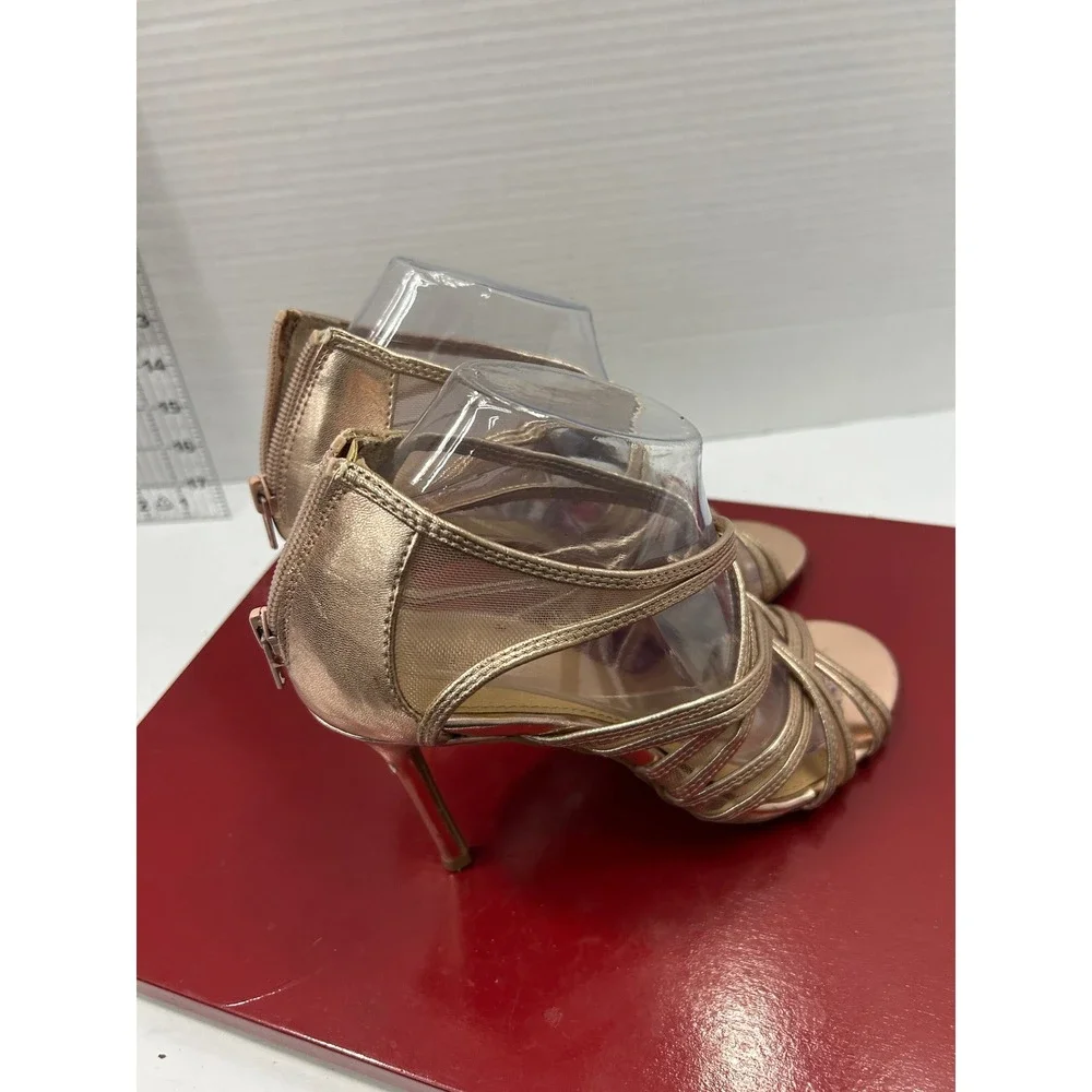 Fioni Metallic Strappy Sandals 7.5 Rose Gold Mesh Stiletto Formal Glam Evening