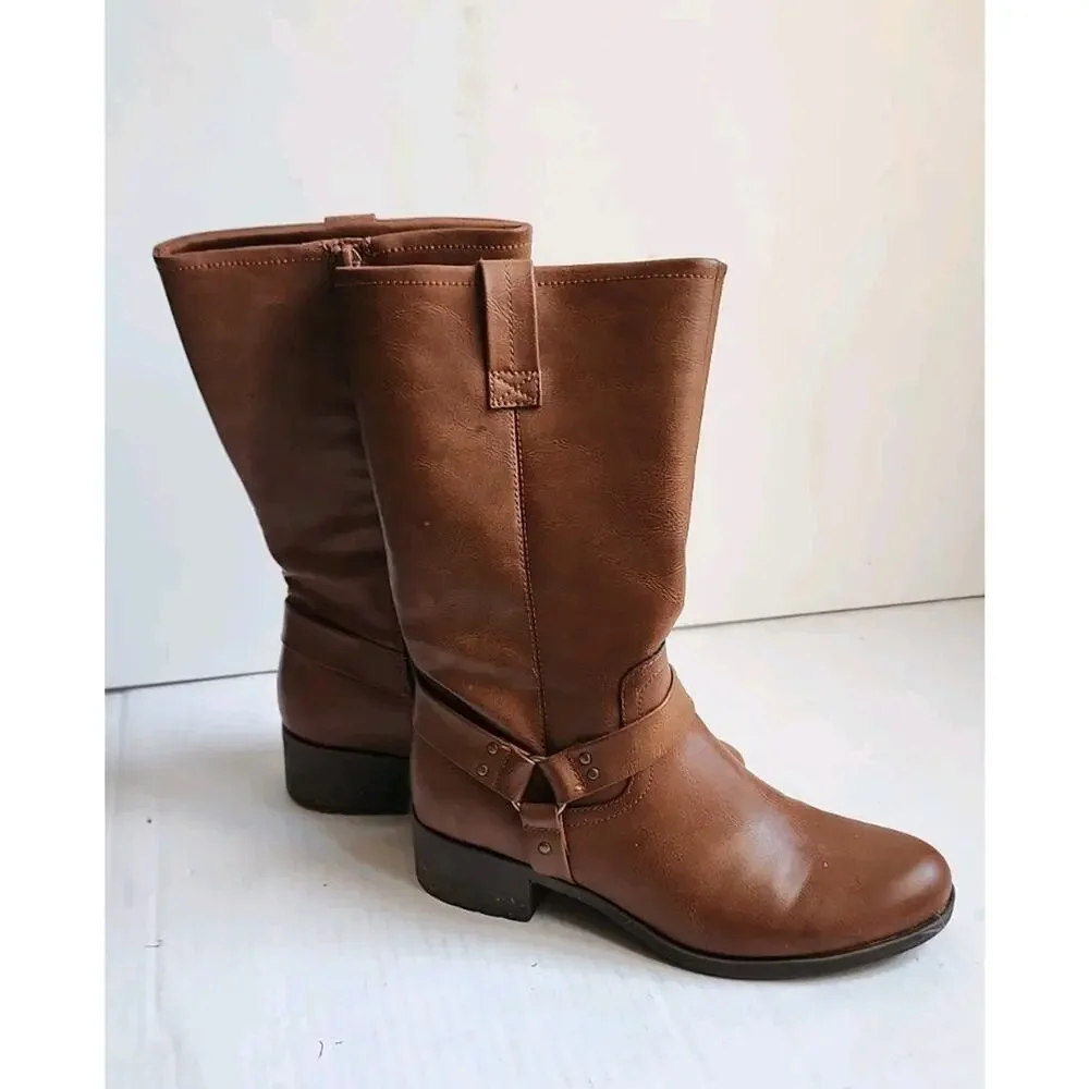 Women's Size 7M Frye and Co Eveline Block Heel Motorcycle Boots Brush Brown