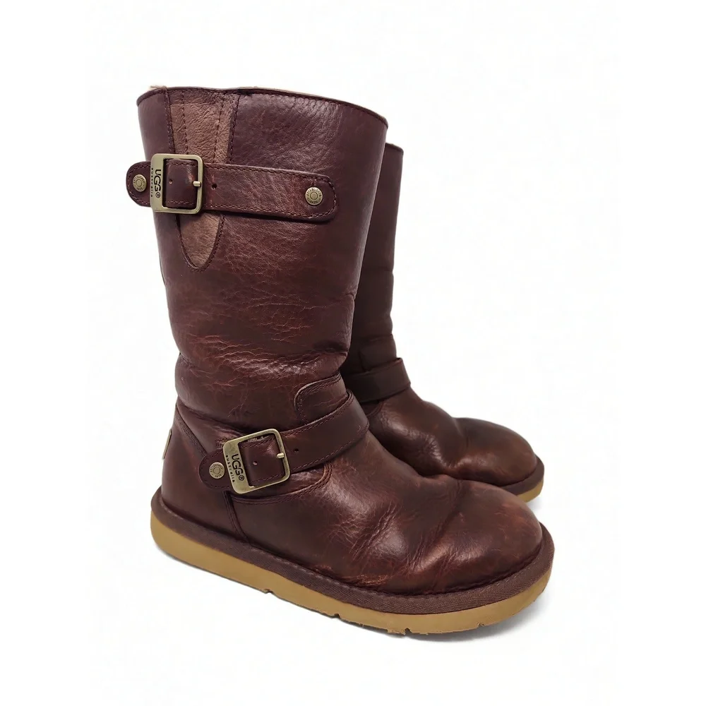 UGG Kensington Leather Boots Size 6 Buckle Strap Shearling Lined Winter Mid Calf