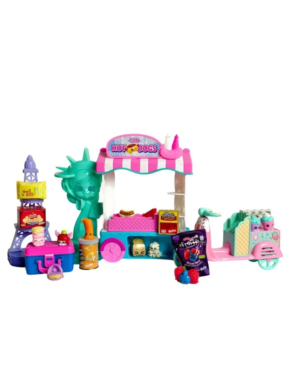 Shopkins Playset Bundle Lot Hot Dog Stand Eiffel Tower Scooter Real Littles