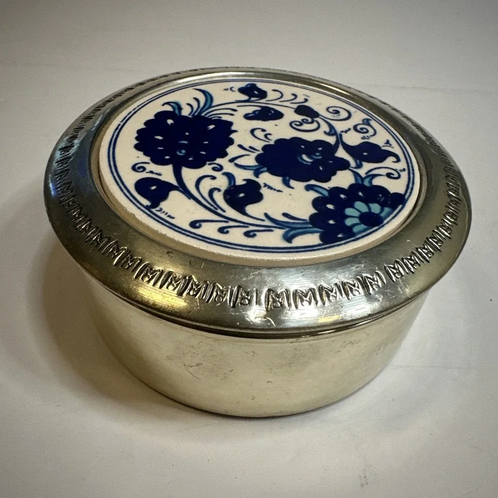 Vintage Round Silver Trinket Box With Porcelain Lid 4 1/2