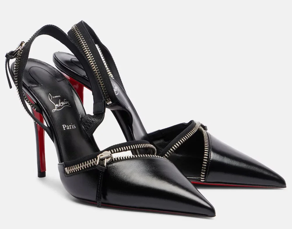Christian Louboutin Slingyzip 100 Black Leather Zipper Slingback Heel Pump 38