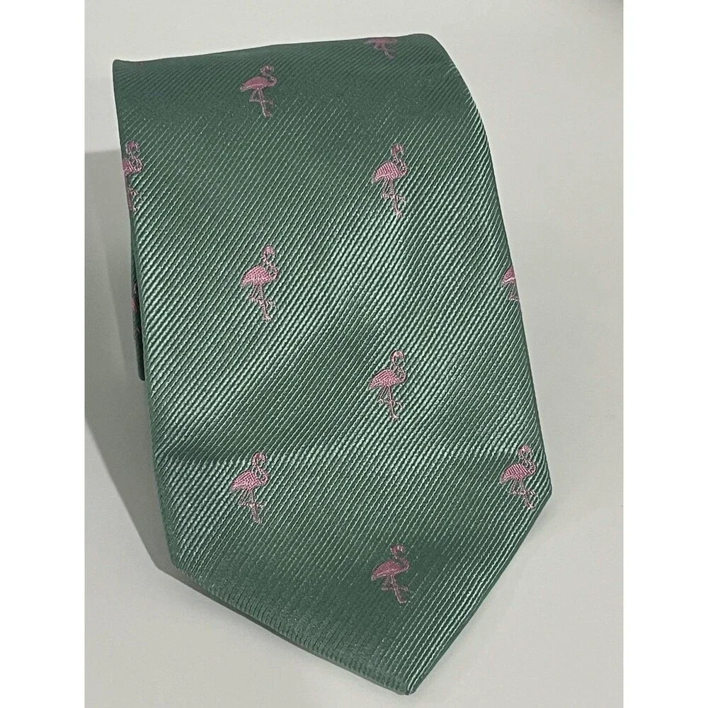 J. Crew The Narrow Tie Green Silk w/ Pink Embroidered Flamingos 3 x 59