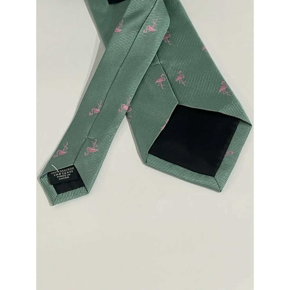 J. Crew The Narrow Tie Green Silk w/ Pink Embroidered Flamingos 3 x 59
