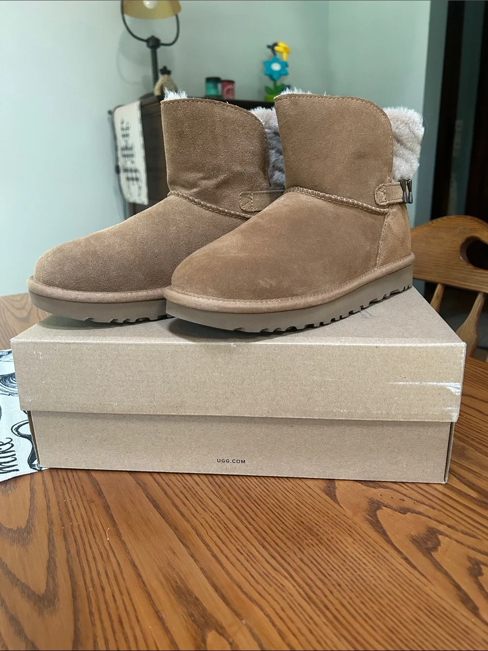 UGG Tan Suede Shearling Cuff Short Boots