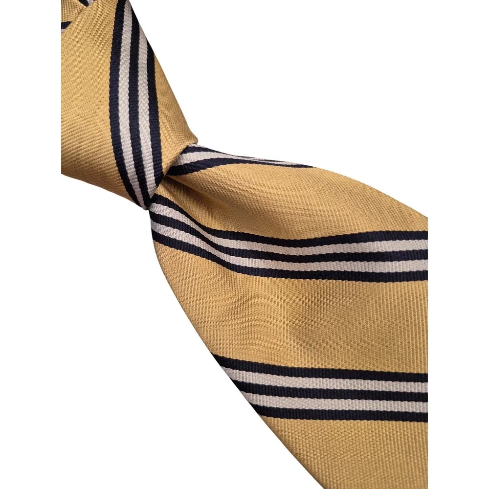 Brooks Brothers Makers Gold Navy Blue White Repp Stripe Silk Tie Woven England‎