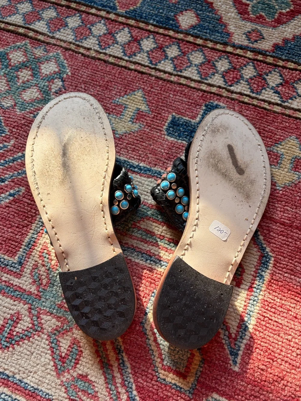 Jack Rogers Black Leather Sandals with Turquoise and Coral Beading