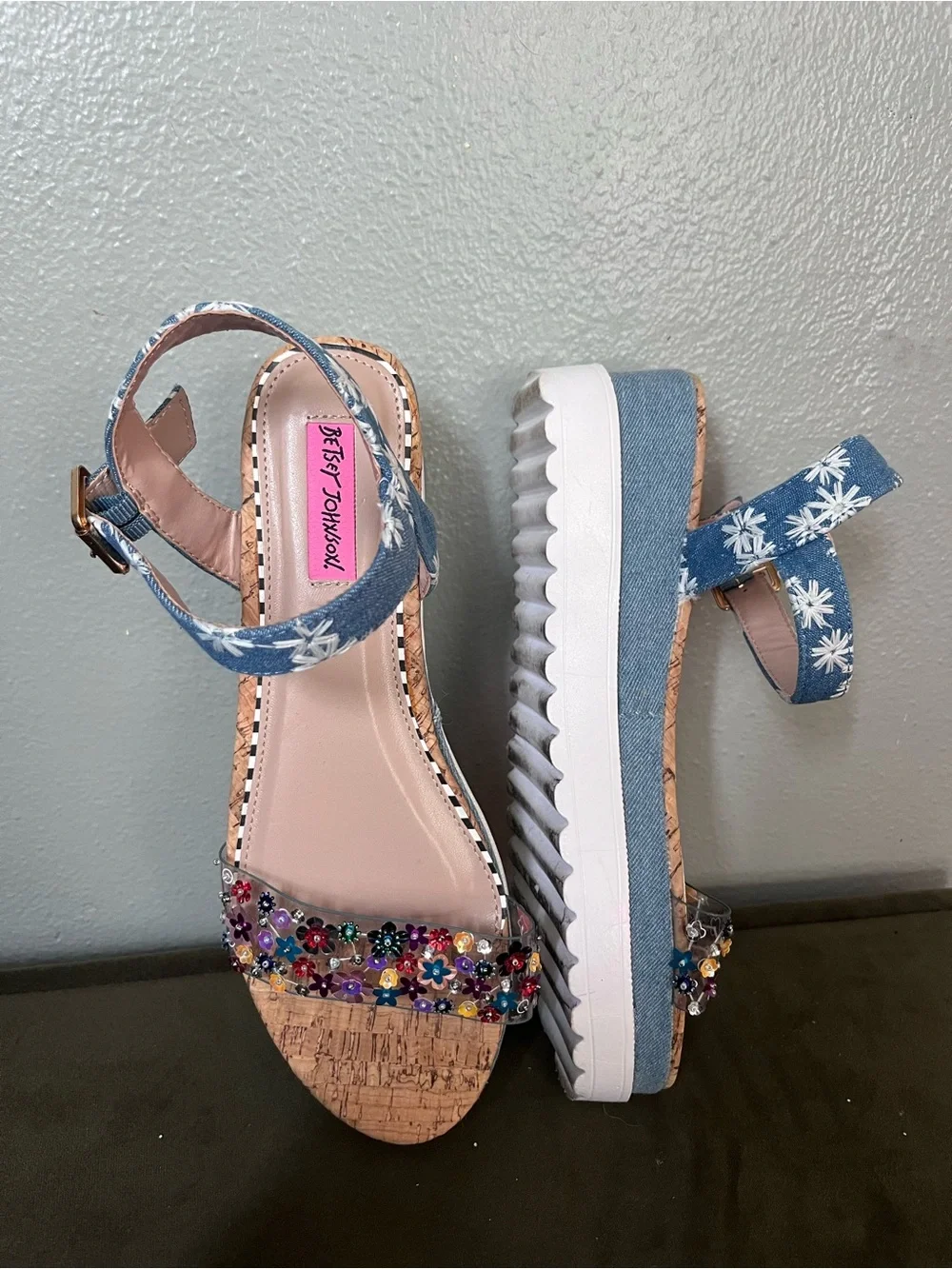 Betsey Johnson Denim Blue Floral Jeweled Platform Sandals