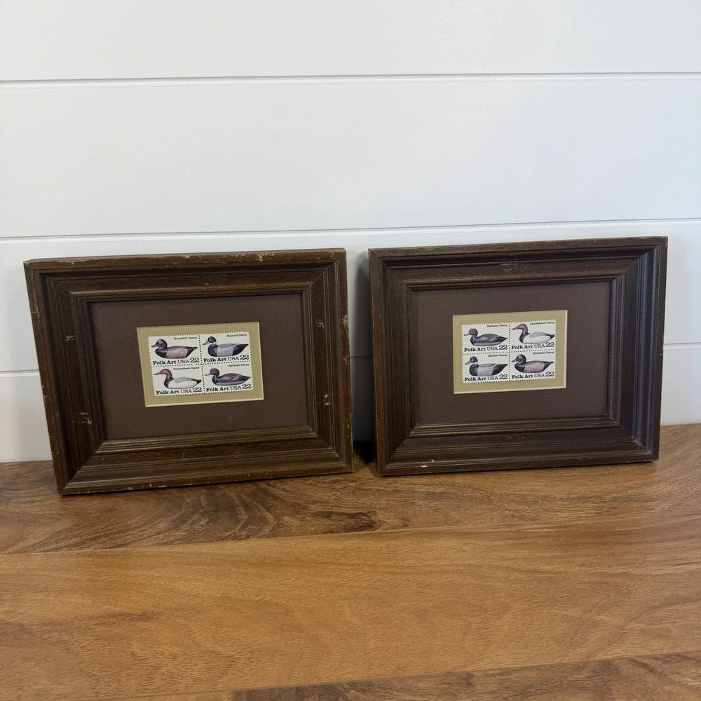 Framed VTG 1985 Folk Art USA 22¢ Duck Decoy Stamps Block of 4 Rustic Decor Set