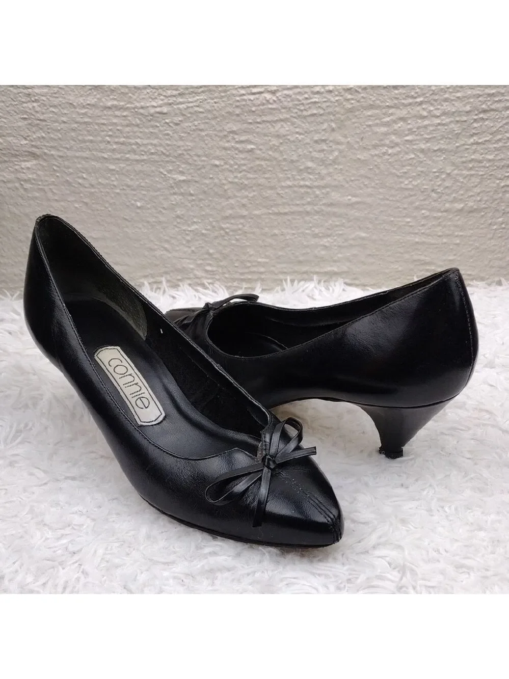 Connie Celia Black Leather Faux Bow Upper Pointed-Toe Kitten Heel Slip On Shoe