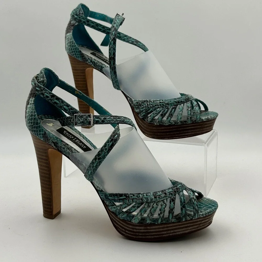 White House Black‎ Market Emilia Sandals Womens 7.5M Teal Snakeskin Platform Y2K