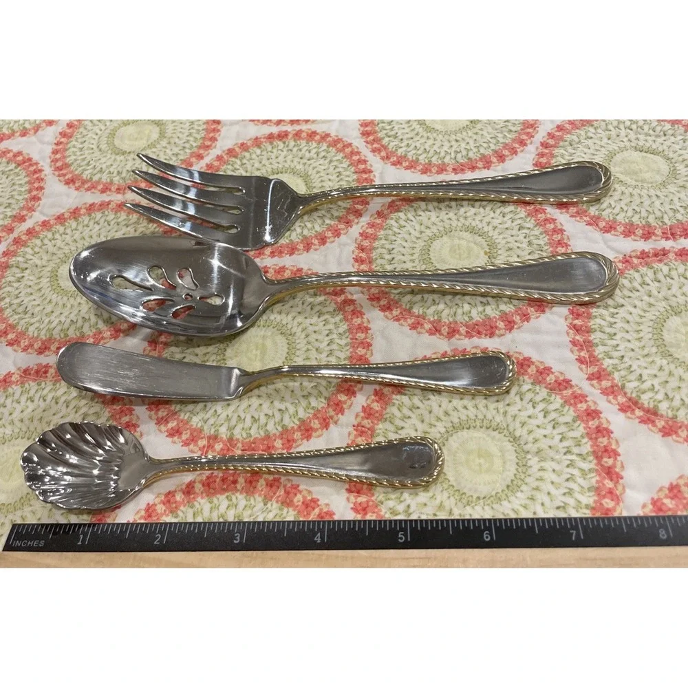 Oneida Golden Belmont Stainless Rope Edge Gold Serving Piece Fork Spoon Set Of 4