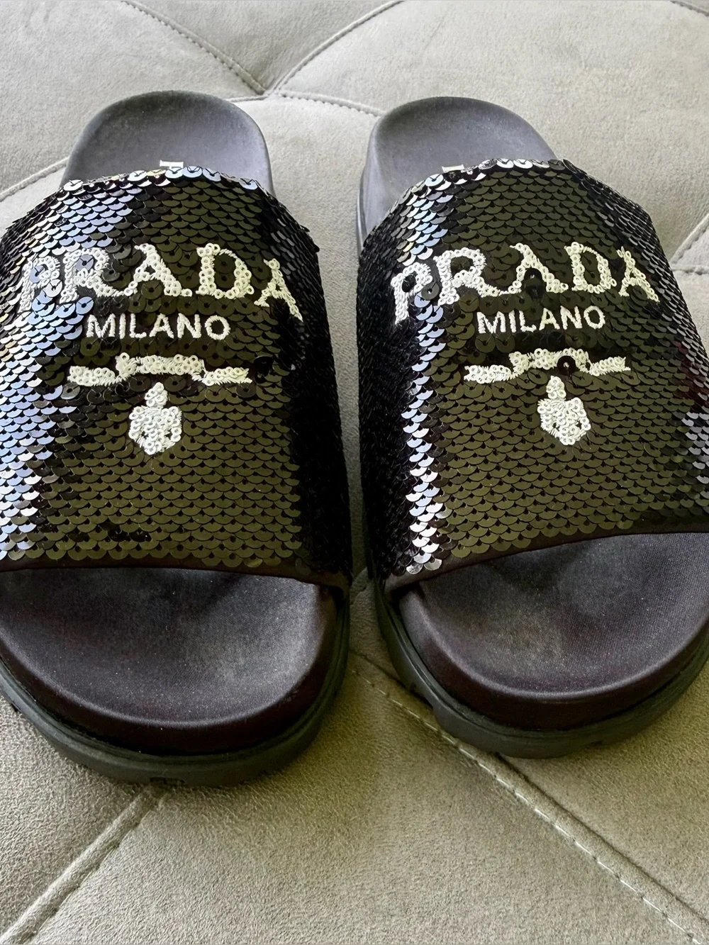 Prada Black Sequin Logo Slide Sandals