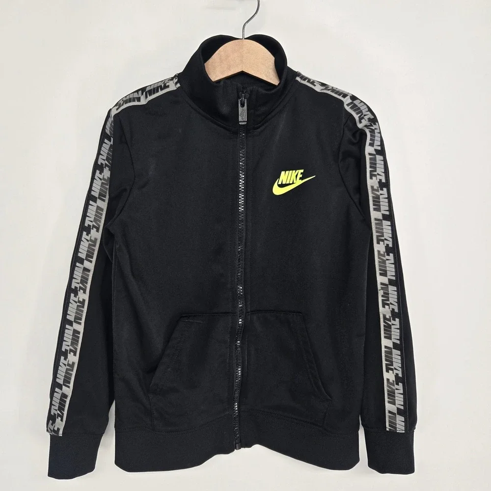 Nike Track Jacket Kids Size 7 Black Volt Logo Tape Full Zip Athletic‎ H514-023