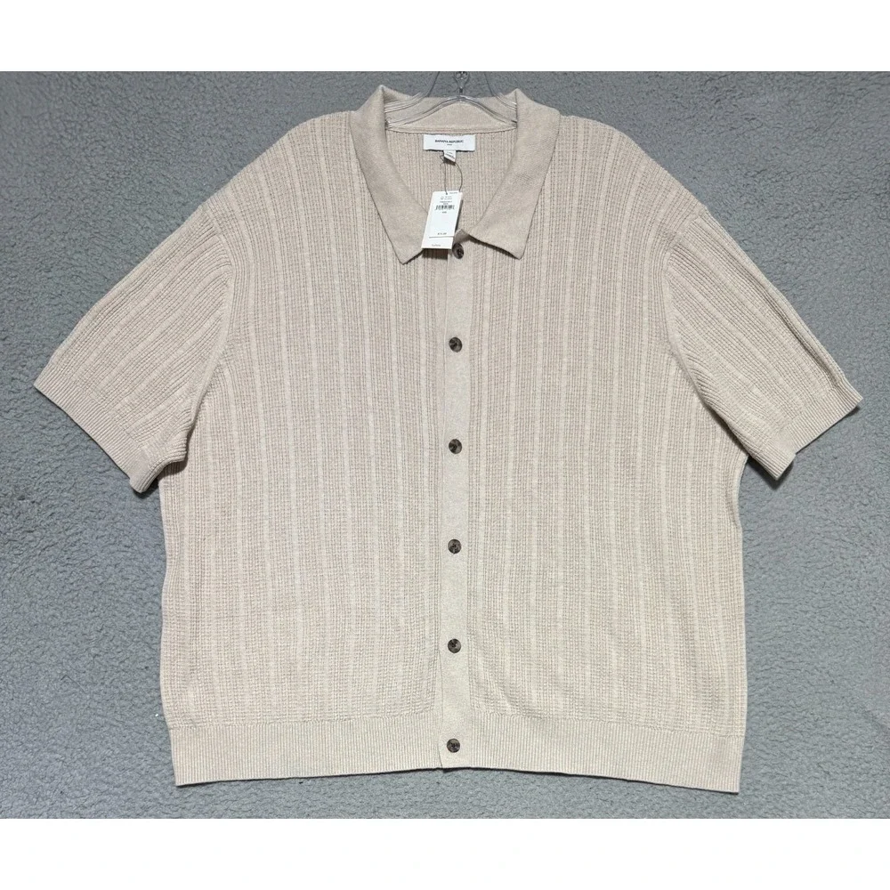 Banana Republic Textured Cotton Polo Cardigan Mens Size 2XL Beige Short Sleeve