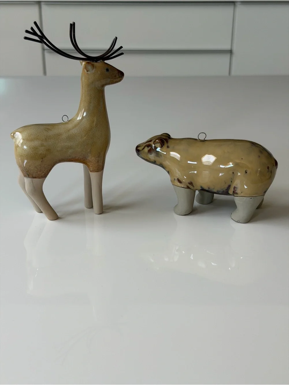 Ceramic Deer and Bear Figurine Set in Glazed Beige Rustic Woodland