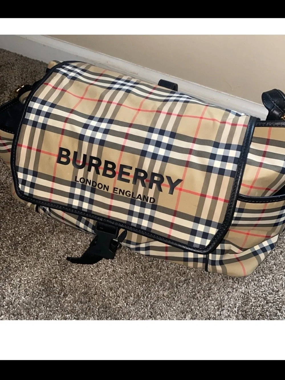 Burberry Beige Check Diaper Bag Bag with Black Trim 100% authentic