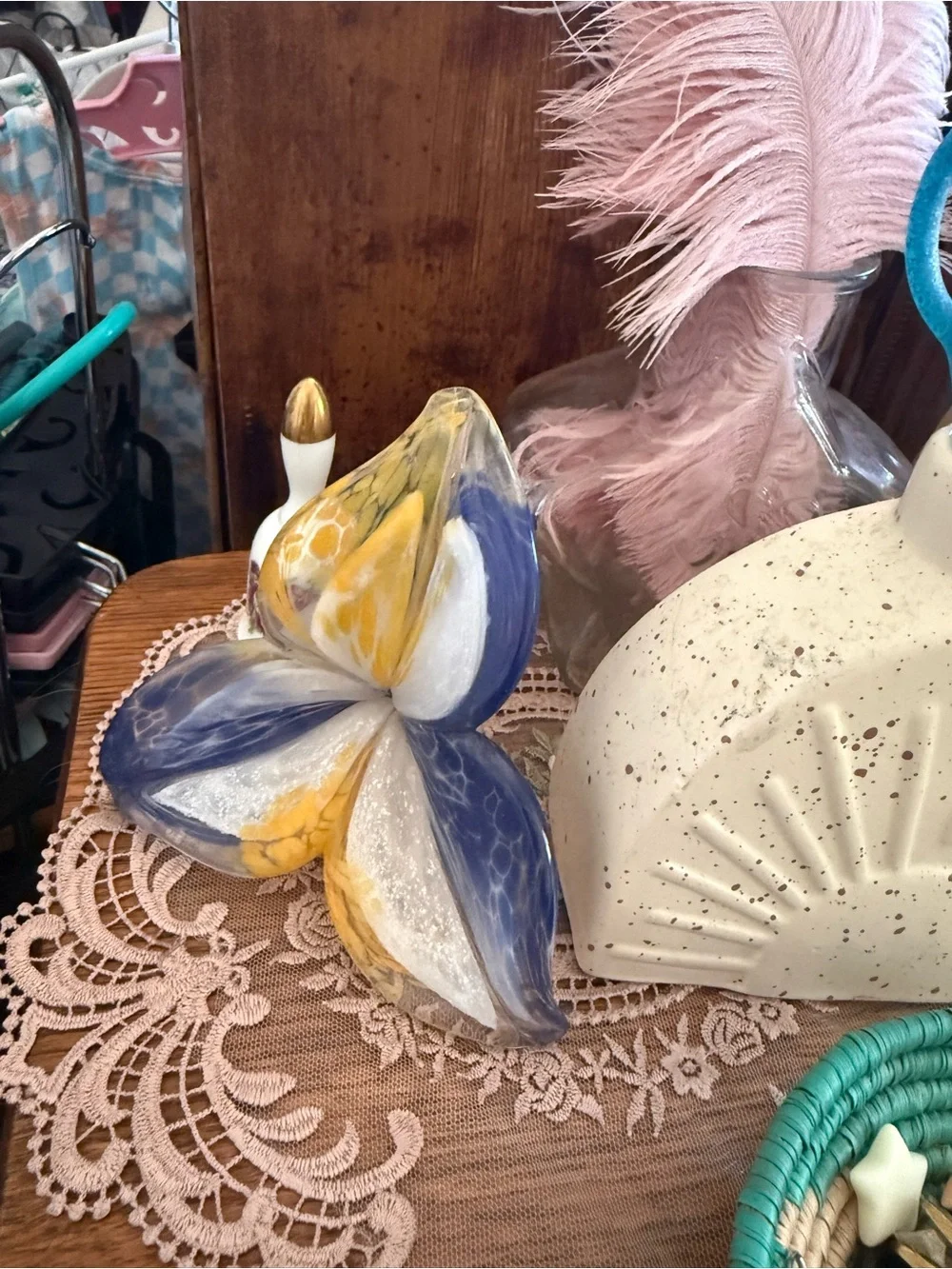 Handblown Art Glass Decorative flower in Blue, Yellow & White