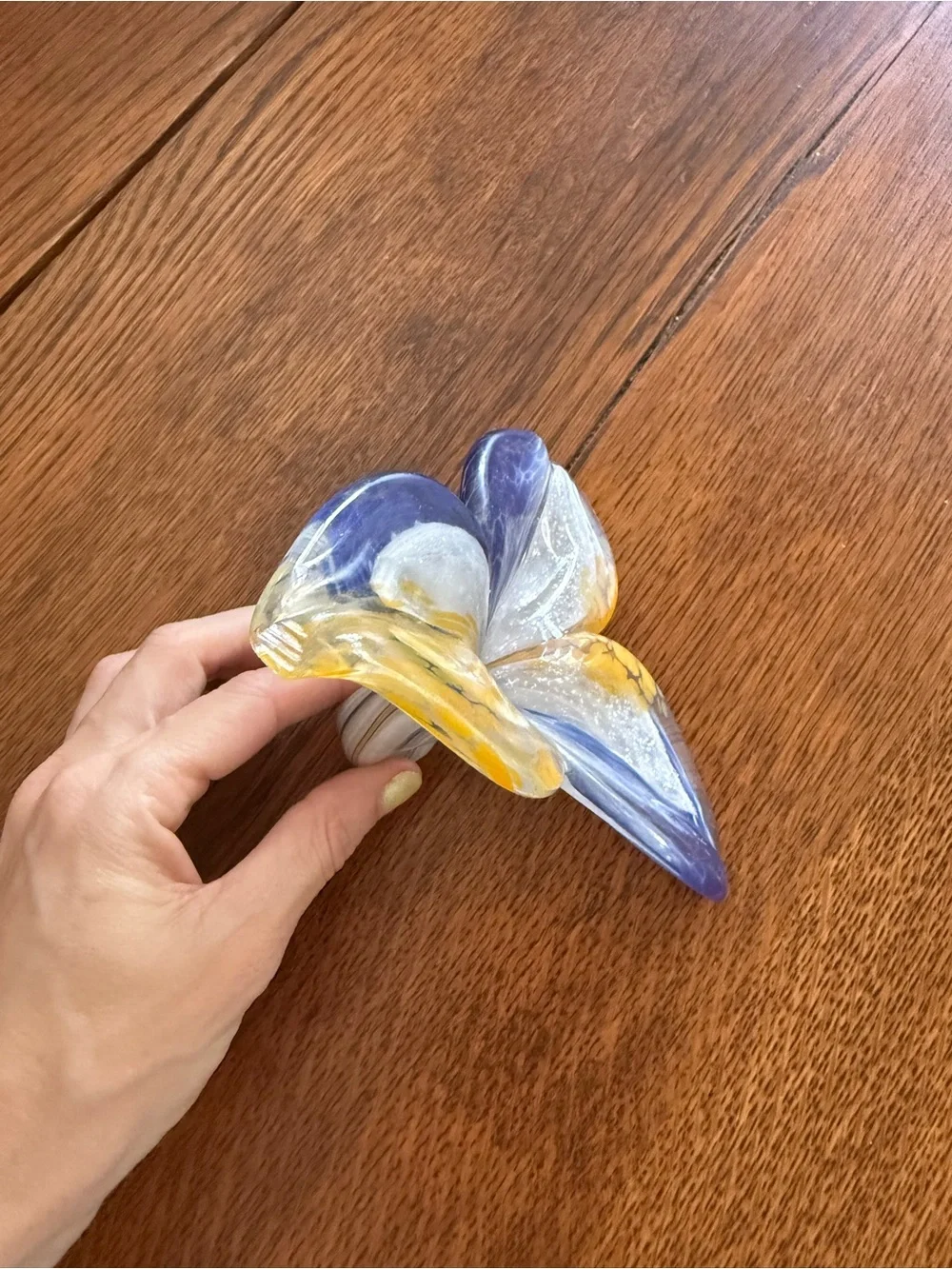 Handblown Art Glass Decorative flower in Blue, Yellow & White