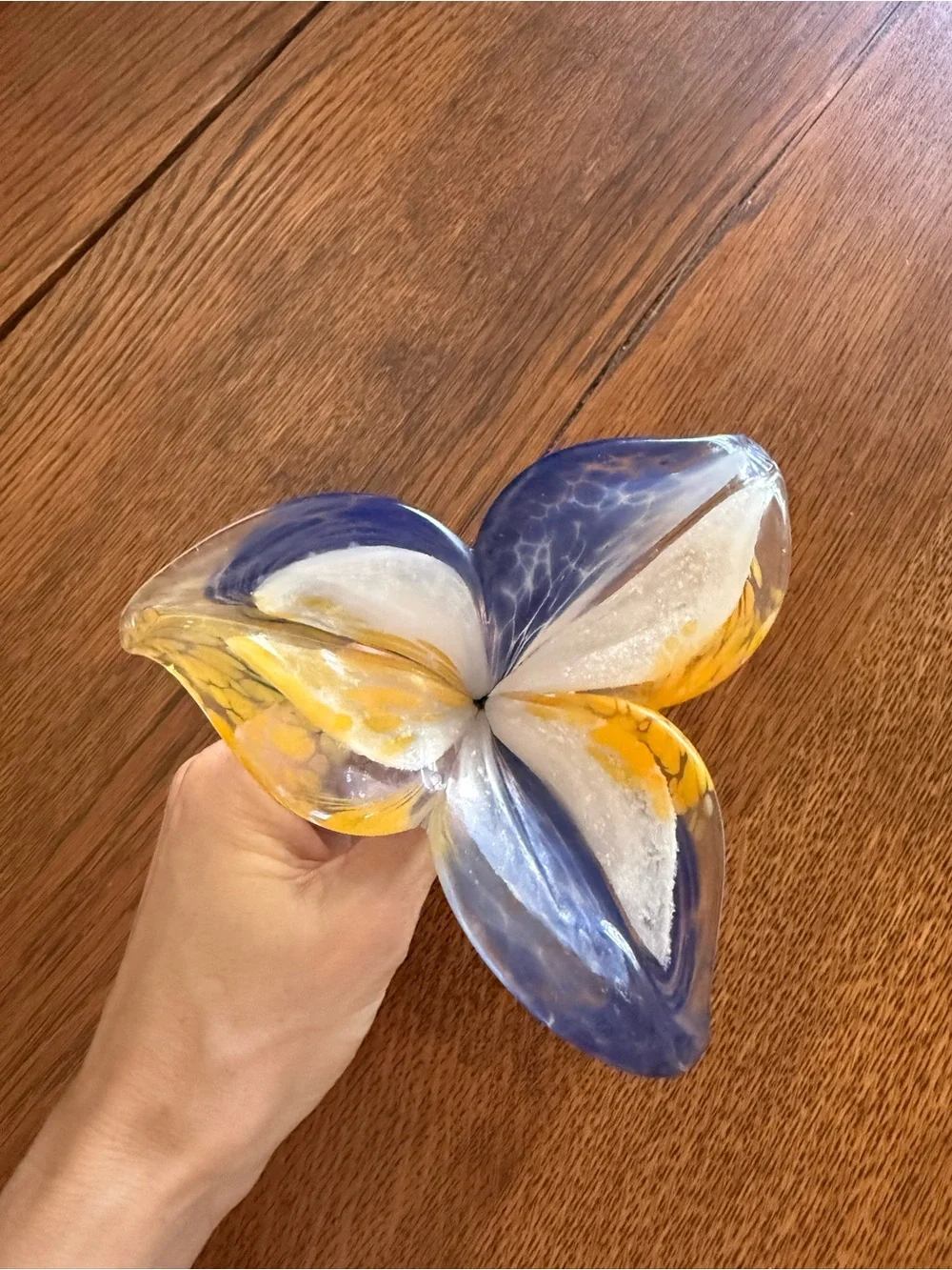 Handblown Art Glass Decorative flower in Blue, Yellow & White