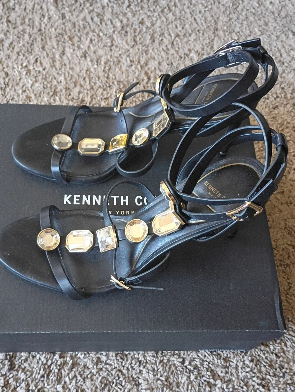 Kenneth Cole Black Jeweled Strappy Ankle Sandals