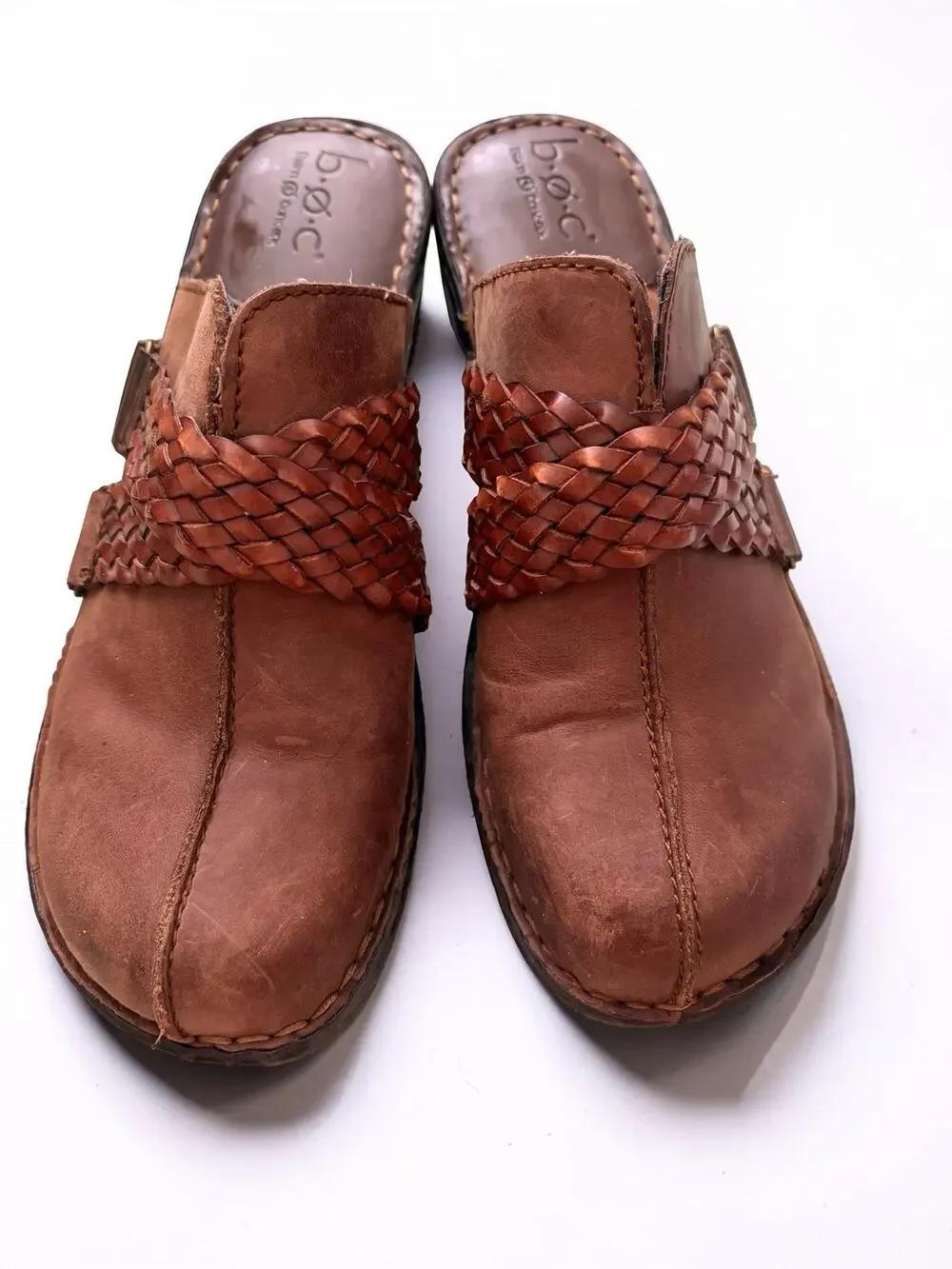b.o.c Born Concept Brown Leather Woven Buckle Mules - Comfy & Cute! Size 9
