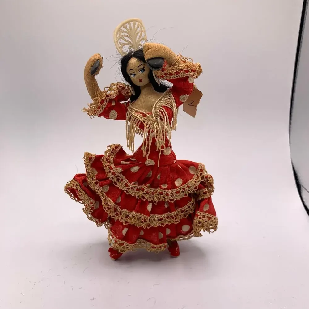 Vintage Layna Spanish Flamenco Dancer Cloth Doll Red Polka Dot Dress Spain