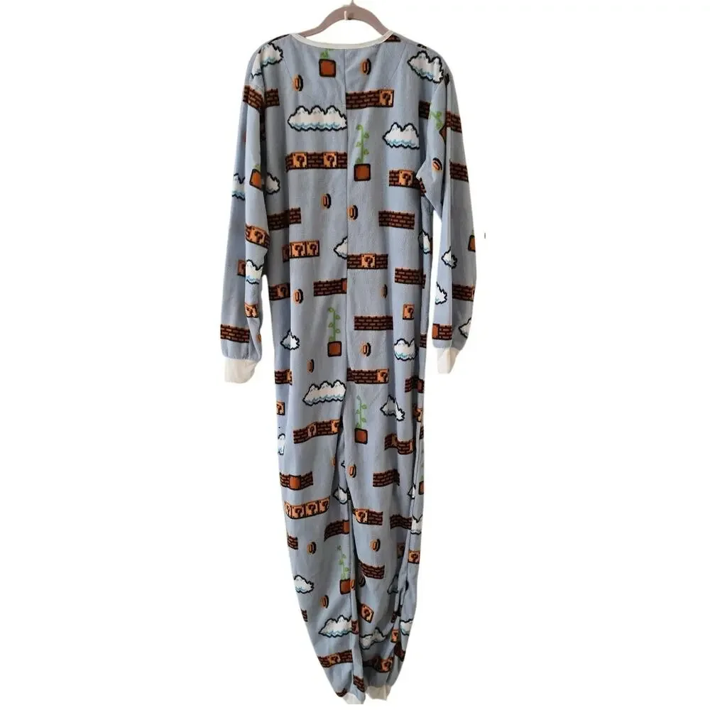 NWT Nintendo Super Mario Fleece Zip Up One-Piece Pajamas Blue Size S Small