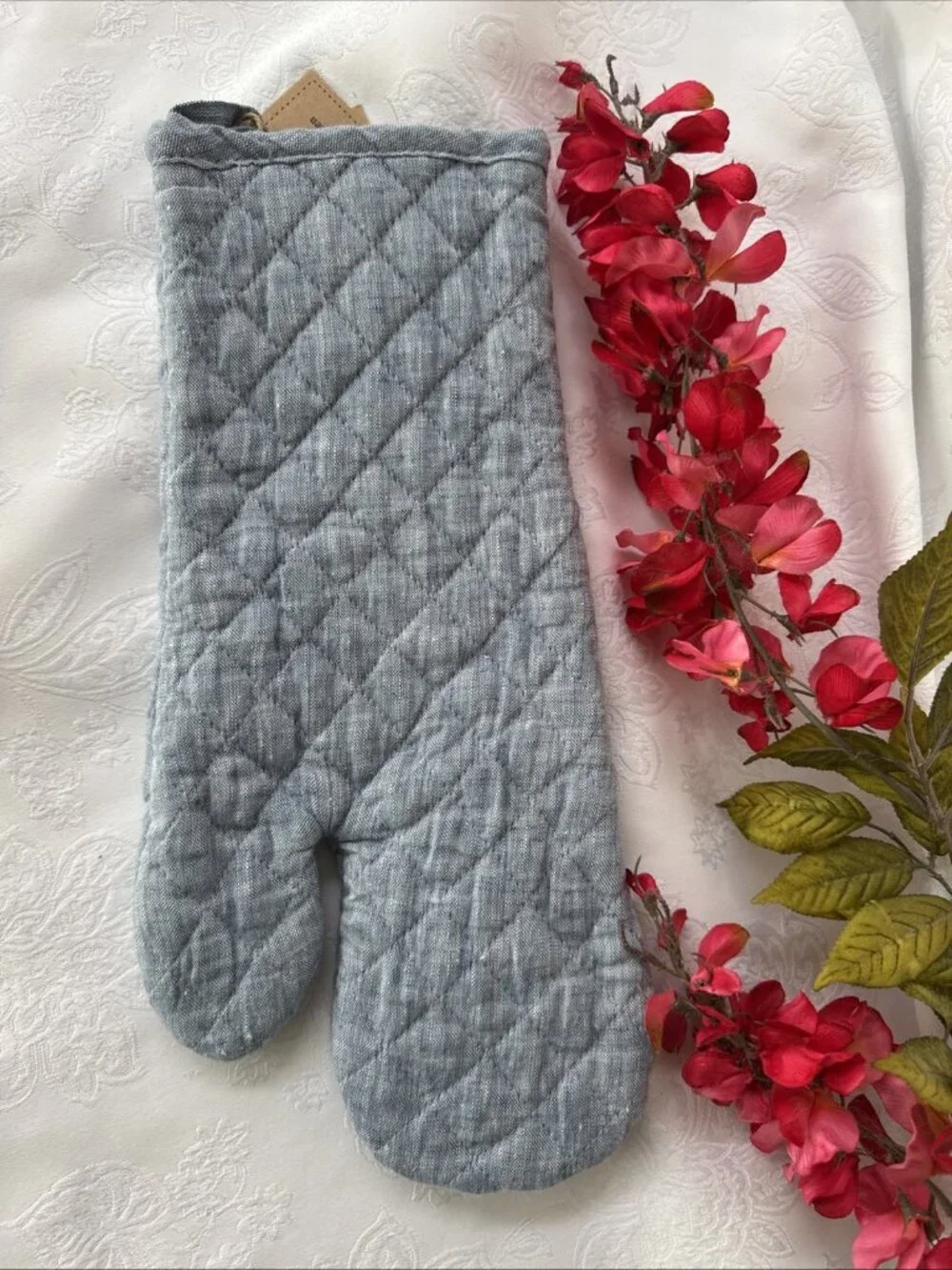 Vikolino Blue Gray Linen Quilted Oven Glove Machine Washable 12.5