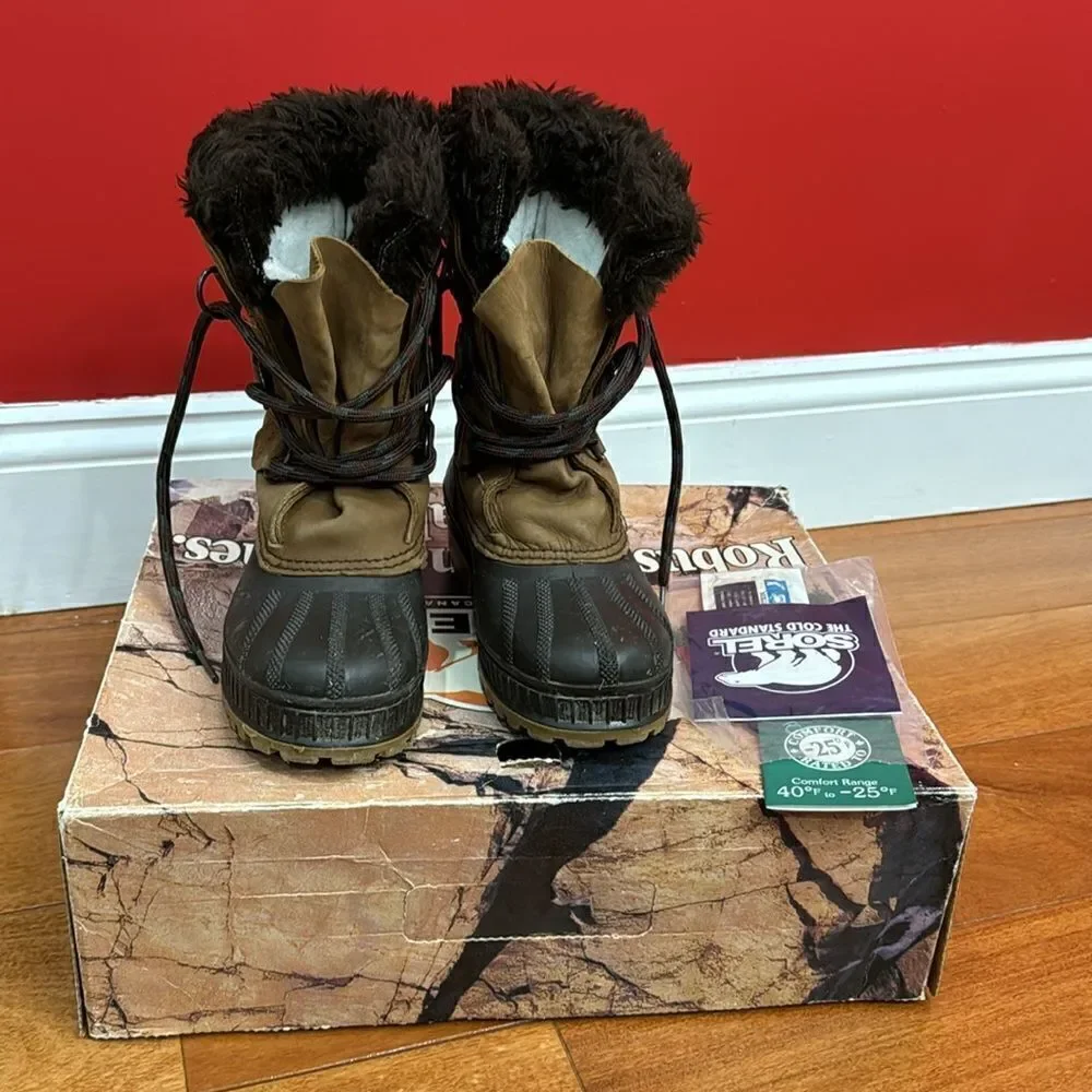 Sorel kids Badger Snow Boots Leather‎ Rubber Work Outdoors Fur removable size 1