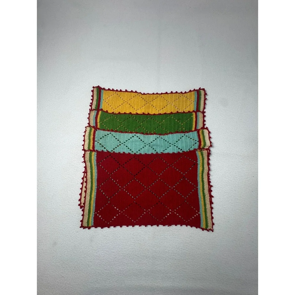 Vintage Cottagecore Handmade Crochet Set 4 Placemats Diamond Pointelle Retro