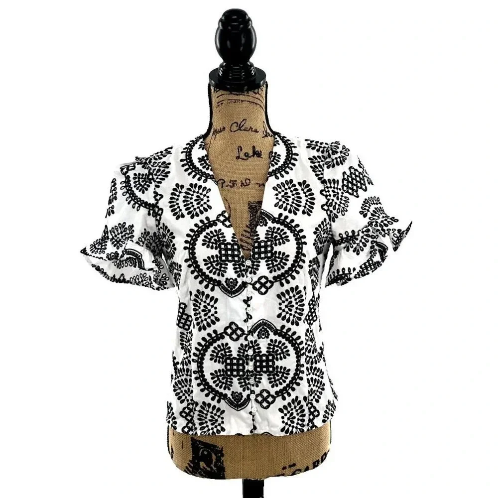 Zara Top Womens Small S‎ Embroidered Black Puff Flare Short Sleeve Blouse Boho