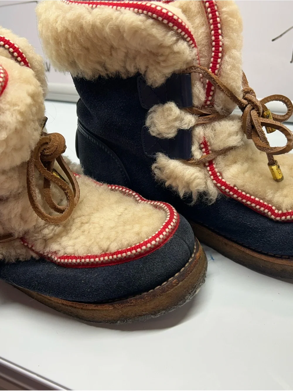 Vintage Tory Burch Shearling-Trim Navy Winter Boots with Red Trim