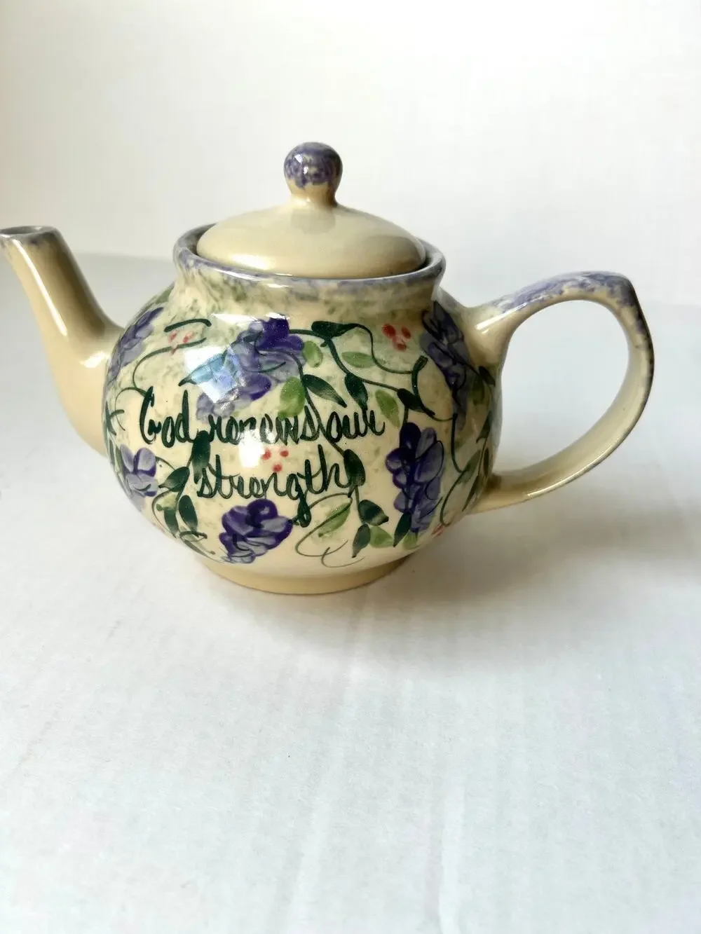 Yesteryears Fruity “God renews our strength” Pottery Teapot