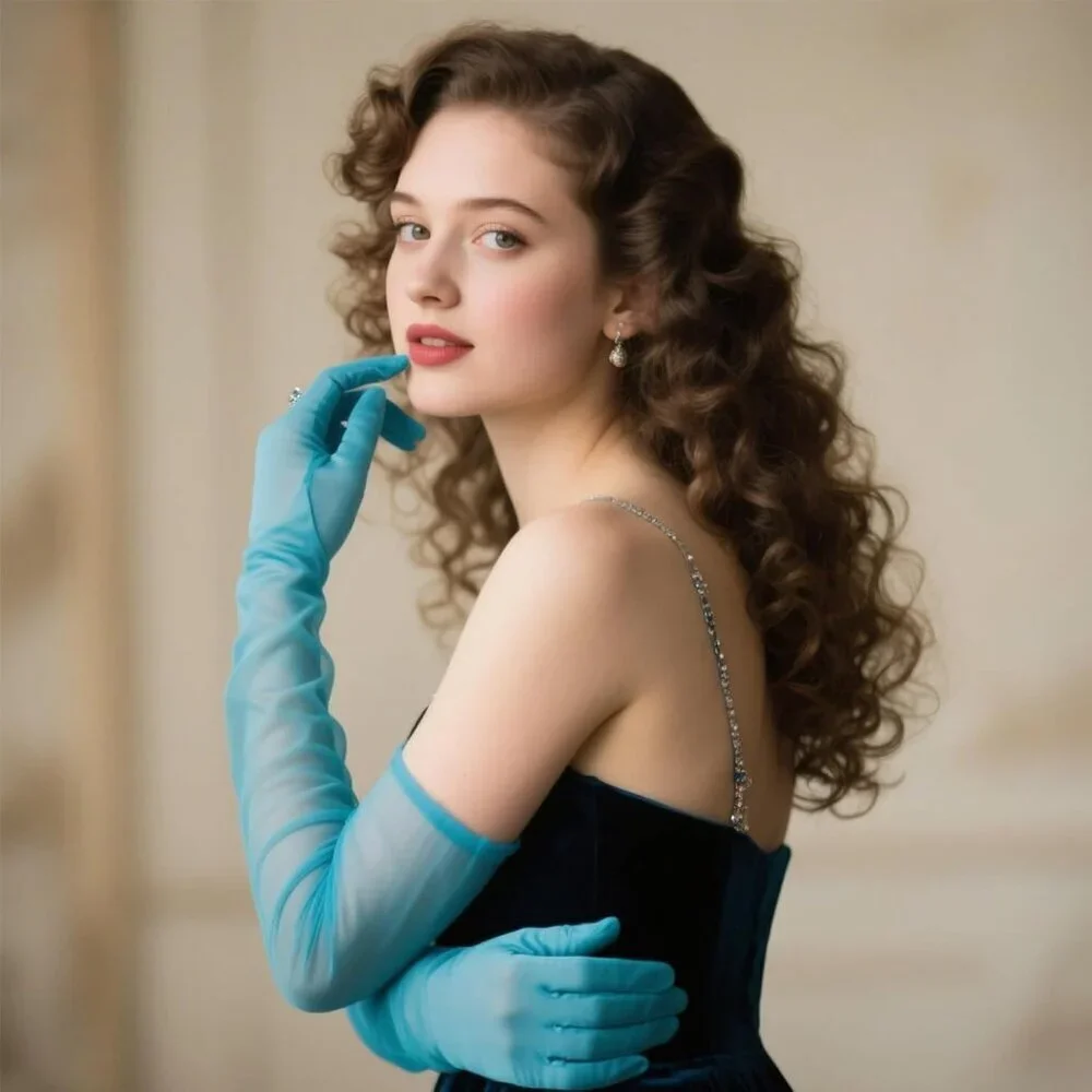 Women's Baby Blue Tulle Long Satin Gloves Evening Elbow Length Party Costumes