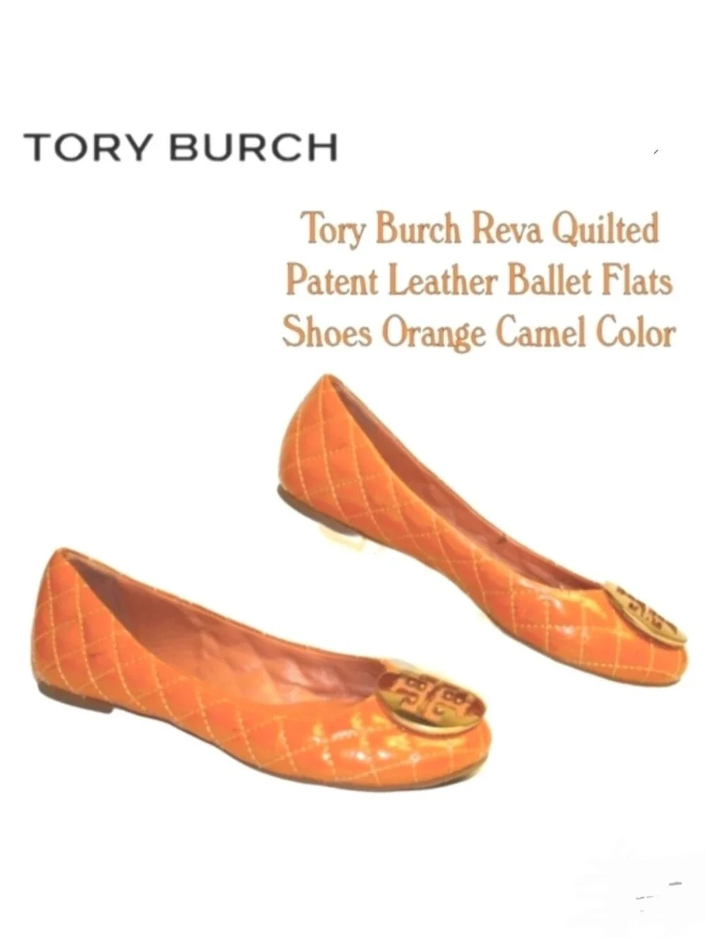 Tory Burch Reva Quilted Patent Leather Ballet Flats Orange Camel Brown Vachetta