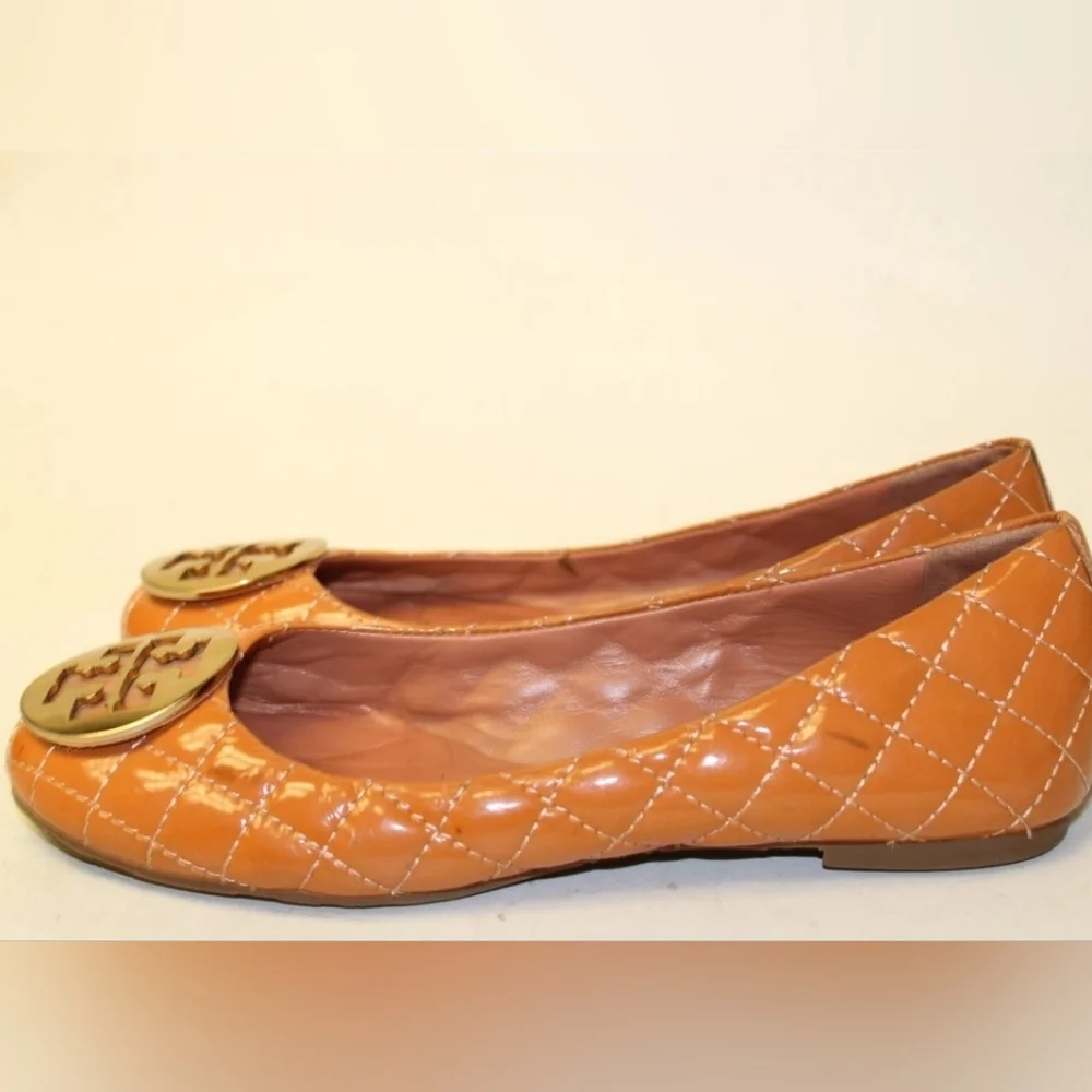 Tory Burch Reva Quilted Patent Leather Ballet Flats Orange Camel Brown Vachetta