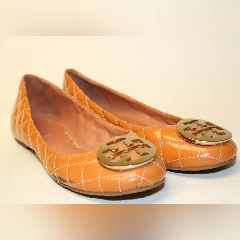 Tory Burch Reva Quilted Patent Leather Ballet Flats Orange Camel Brown Vachetta