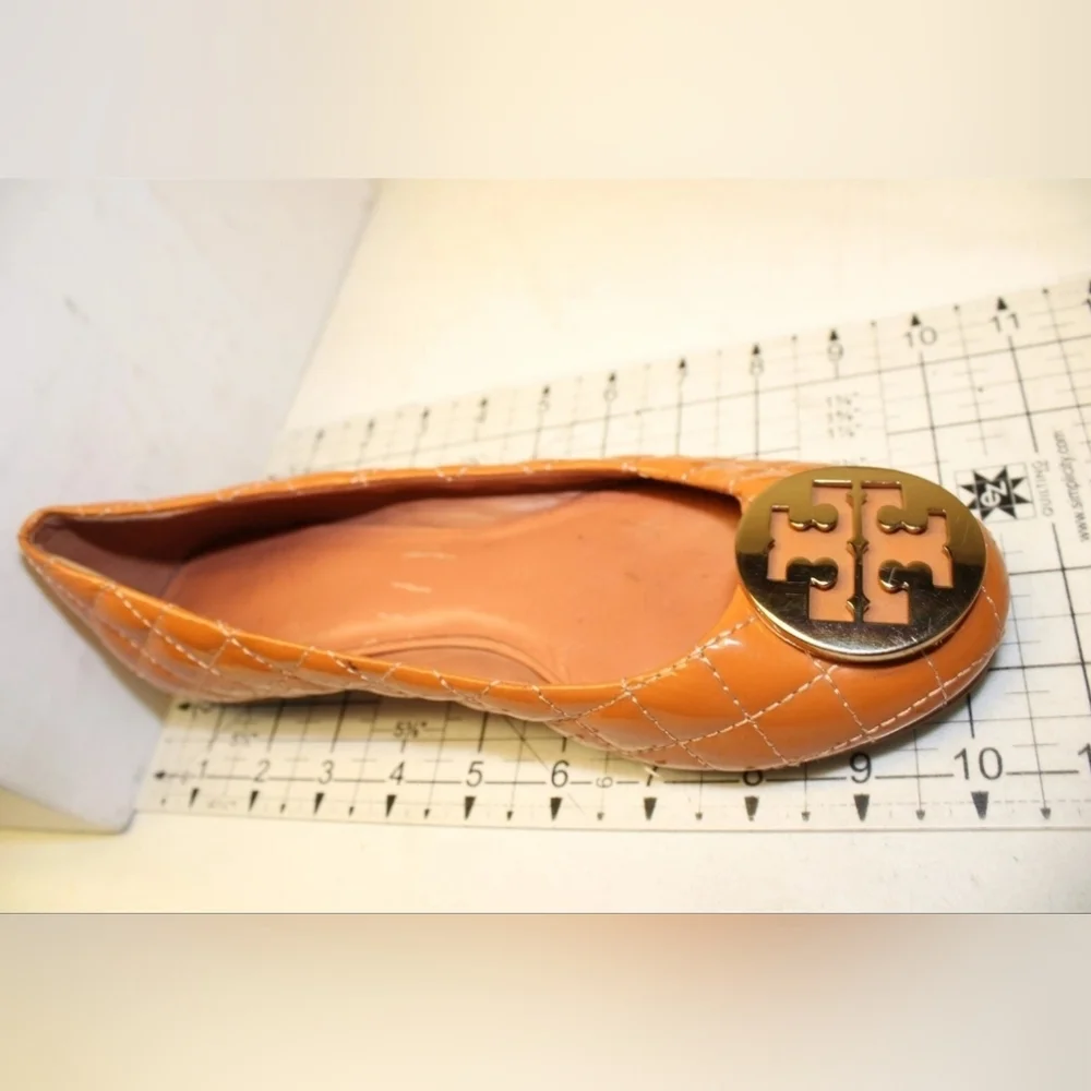 Tory Burch Reva Quilted Patent Leather Ballet Flats Orange Camel Brown Vachetta