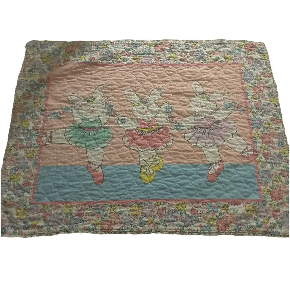 Vintage Handmade Ballerina‎ Bunny Rabbits Pastel Floral Baby Blanket